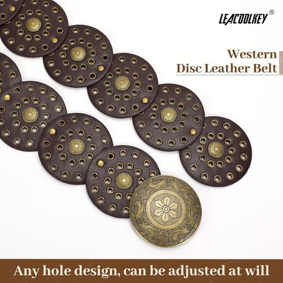 Women Boho Disc Belt Wide Western Leather Belt Vintage Concho Waist Belts Coffee
